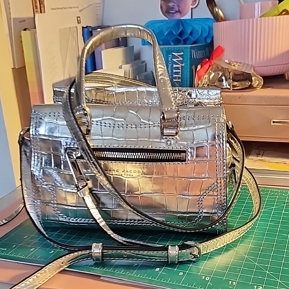 Marc Jacobs Metallic Silver Croc-Embossed Satchel